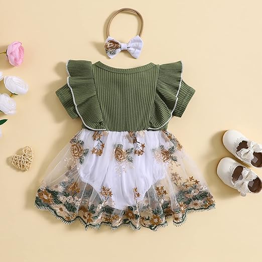 Bingqiling Toddler Infant Baby Girls Summer Romper Dress Flower Embroidery Jumpsuits Spring Bodysuits with Bow Headband