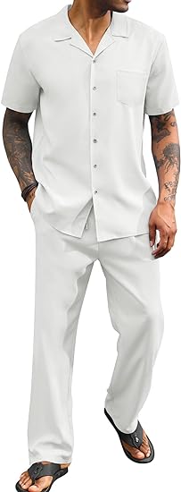 Mens Linen Sets 2 Piece Linen Outfits Beach Short Sleeve Linen Shirt Summer Loose Linen Pant Sets