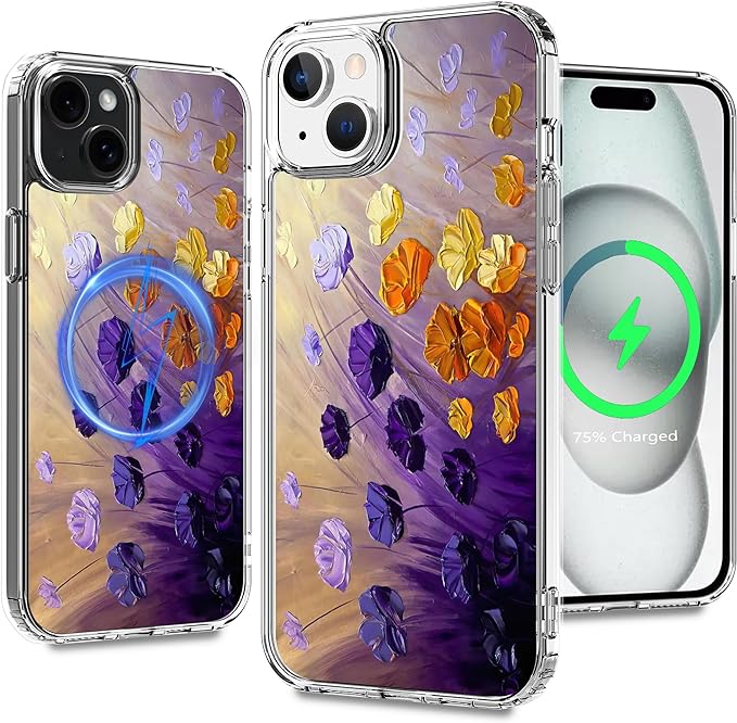Magnetic Clear Case for iPhone 15, Flower Printing Pattern Design for Women Girls Shockproof Floral Protective Case, Compatible with MagSafe, 6.1” (Pic 13)