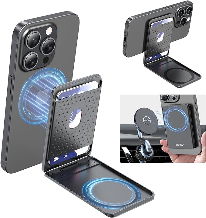 Designed for MagSafe Wallet [Strong Double Magnets] [Compatible with MagSafe Car Mount] Adjustable Aluminum Magnetic Wallet Stand RFID Blocking for iPhone 15 14 13 Pro Max/Plus, Black