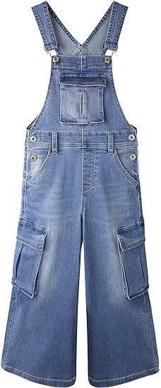 KIDSCOOL SPACE Girls Denim Overalls,Wide Leg Accordion Deep Heel Pockets Cargo Jeans Dungarees