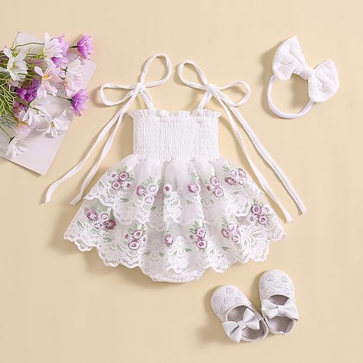 Baby Girl Summer Clothes Infant Tie-up Embroidery Flower Romper Dress with Bowknot Hairband Newborn Outfits