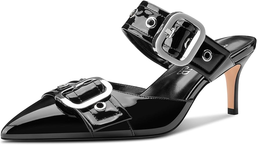 Womens Mid Heel Close Pointed Toe Pumps Mules Shoes Slingback Slip-on Buckle Prom Dress Patent Leather Summer 2.6 Inches Heels