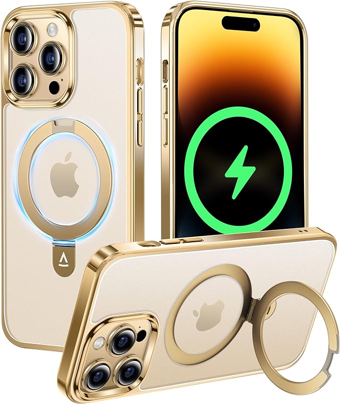 Alphex Invisible Stand Magnetic Case for iPhone 14 Pro Max, Official Color Match for iPhone, Compatible with MagSafe, Military Grade Shockproof Phone Cover Ring Holder Women Men 6.7 inch, Gold