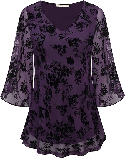 Bebonnie Womens Ruffle 3/4 Sleeve V Neck Double Layers Mesh Blouses Loose Fit Flowy Tunic Tops