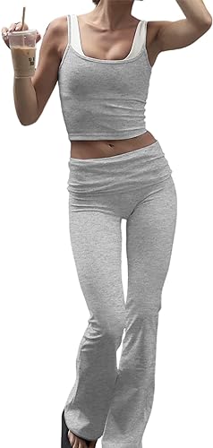 YETOWA Women's Summer 2 Piece Outfit Slim Camisole Top Low Rise Flared Pants Set Versatile Activewear for Yoga Leisure