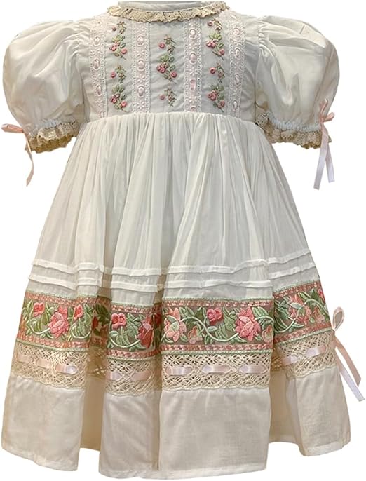 Girl Dress, Embroidered Floral Heirloom, Lace Crew Collar, Puff Sleeve, Cotton Kids Casual Clothing