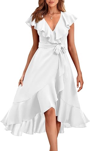 Pretty Garden Womens Summer Wrap V Neck Split Party Dress Ruffle Short Sleeve Midi Dress With Belt