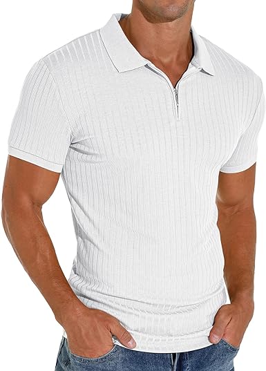 Askdeer Zipper Polo Shirts for Men Slim Fit Shirts Casual Stretch Ribbed Knit Zip Shirt