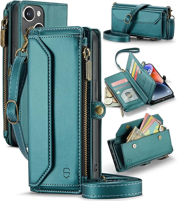 Crossbody for iPhone 14 Case Wallet【RFID Blocking】with 7-Card Holder Zipper Bills Slot, Soft PU Leather Magnetic Flip Folio Wrist Shoulder Strap iPhone for 14 Wallet Case for Women, BlueGreen