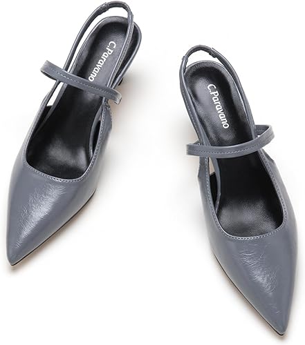 C.Paravano Women's Slingback Pumps | Leather Kitten Heels | Closed Heeled Sandal | Pointed Toe Pumps for Women | Wedding Dress Pumps Shoes (Size 7,Grey Heels)