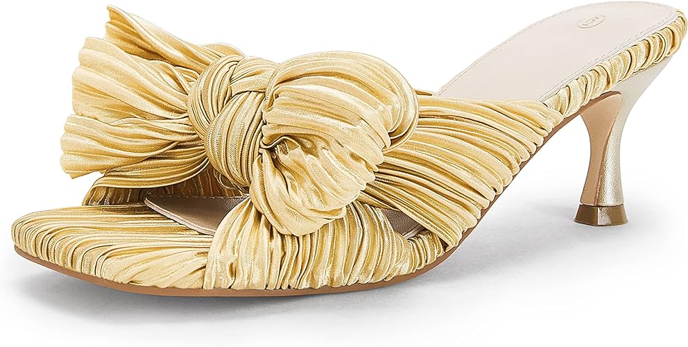 Coutgo Womens Bow Heeled Sandals Pleated Bowknot Heels Open Square Toe Cute Kitten Heel Mules Slip On Wedding Dress Shoes
