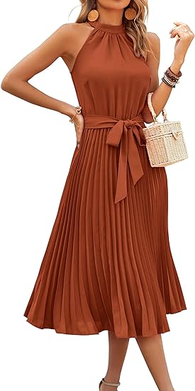 KIRUNDO Women's 2024 Summer Sleeveless Halter Neck Pleated Midi Cocktail Dresses A Line Flowy Beach Sun Dress with Belt