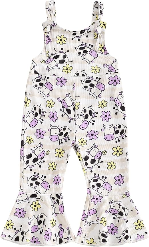 Emmababy Baby Girl Flare Romper Floral Bell Bottom Jumpsuit Toddler Sleeveless Cow Print Overalls Summer Clothes Farm Outfits