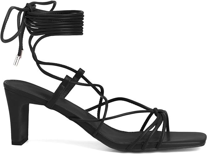 Coutgo Womens Lace Up Strappy Heels Sandals Chunky Block Heeled Square Open Toe Wrap Ankle Straps Dress Shoes