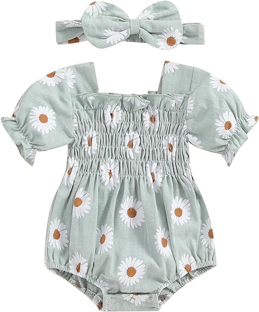 Infant Baby Girls Romper Daisy Ruffle Sleeve Pleated Smocked Bubble One Piece Ruched Jumpsuit Summer Bodysuit