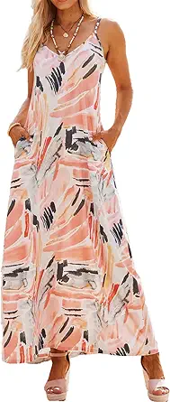 Supnier Women's Summer Maxi Dress Casual V-Neck Sleeveless Bohemian Spaghetti Strap Floral Long Maxi Dress with Pockets