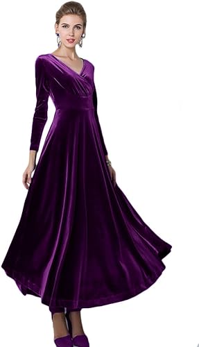Urban CoCo Women Long Sleeve V-Neck Velvet Stretchy Long Dress