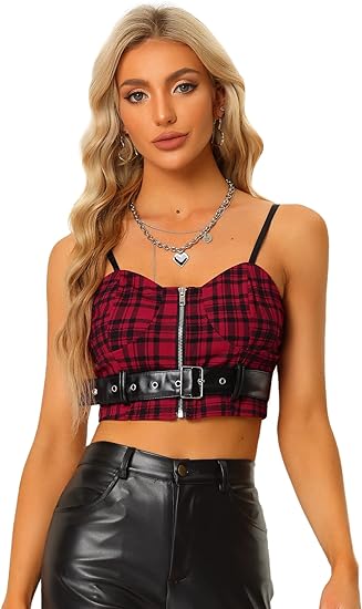 Allegra K Plaid Crop Top for Women's Party Straps Zip-Up Gothic Tops