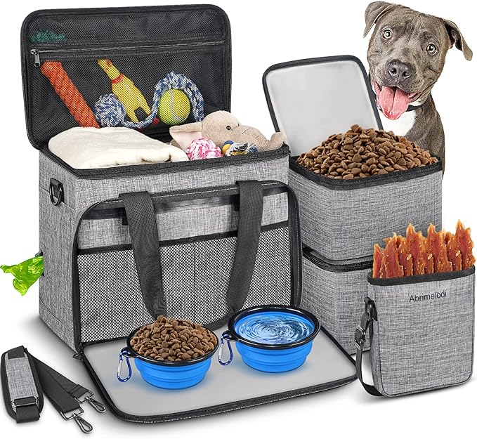6 Set Dog Travel Bag, Large Pet Travel Kit for Supplies Includes 2 Food Containers, 1 Travel Organizer for Dogs, 2 Collapsible Bowls, 1 Treat Pouch, Dog Weekend Overnight Travel Bags Luggage, Grey