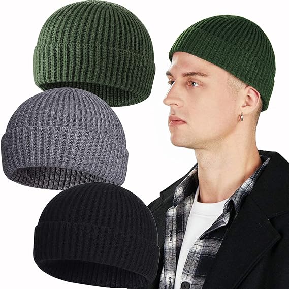 PHILIGHTS 3PCS Short Fisherman Beanie Hat for Men Women, Wool Knit Cuff Winter Warm Hats