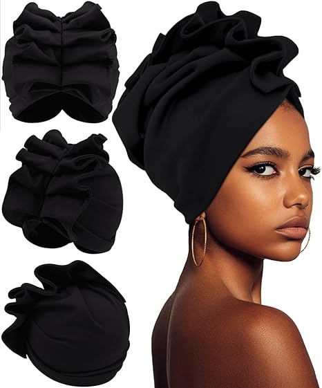 Babalet Stretch Turban Hats African Double Layered Headwraps Soft Pre-Tied Bonnet Hair Wrap Ruffles Turbans for Black Women