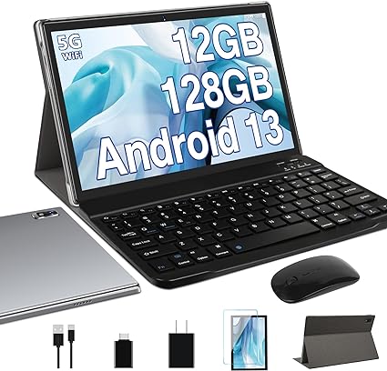Oangcc Android 13 Tablet 10 Inch ???? ?????? with 12GB(6+6 Expand)+128GB Keyboard Mouse WiFi Bluetooth GPS 512GB Expand Support, Dual Camera Computer Tablets with Case - Gray