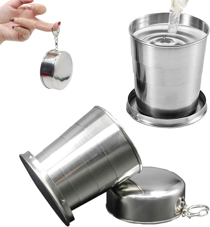250ml Stainless Steel Camping Mug Camping Folding Cup Reusable Mug Portable Outdoor Travel Demountable Collapsible Cup with Keychain for Camping, Hiking, Travel (2 Pcs)