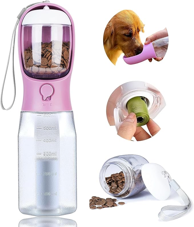 AVELORA Dog Water Bottle with Food Container, Portable Pet Dog Water Dispenser for Outdoor Walking,Hiking,Travel,Puppy Essentials,Puppy Supplies,Replaceable Waste Bags