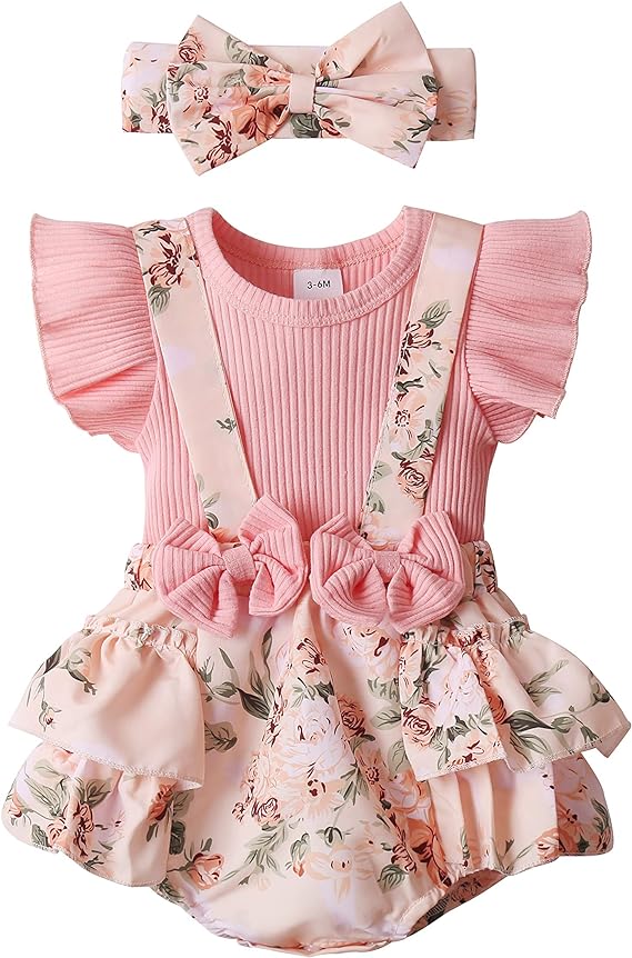 Newborn Baby Girl Clothes Infant Romper Floral Suspender Dress Ruffle Sleeve Onesie Outfit Jumpsuit Headband Spring