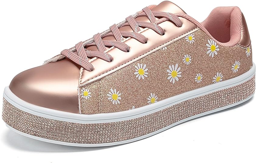 UUBARIS Women's Glitter Tennis Sneakers Neon Dressy Sparkly Sneakers Rhinestone Bling Wedding Bridal Shoes Shiny Sequin Shoes