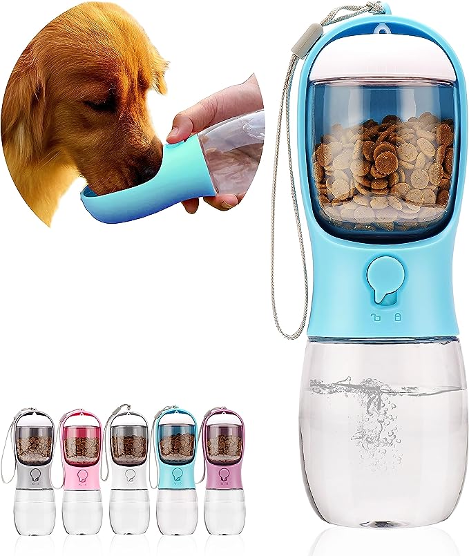 AVELORA Dog Water Bottle,Portable Pet Water Bottle with Food Container,Outdoor Portable Water Dispenser for Cat,Puppy,Pets for Walking,Hiking,Travel,Puppy Essentials,Dog Stuff(10oz)