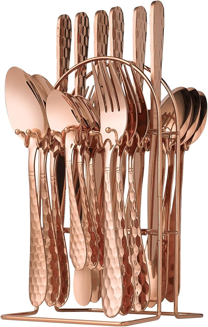 Rose Gold Stainless Steel Flatware Set 24 Pieces Kitchen Utensil Tableware Cutlery Set for 6 with Hanging Caddy,Mirror Polished Steaks Knife/Fork/Spoon/Coffee Spoon,Silverware Set,Rose Gold