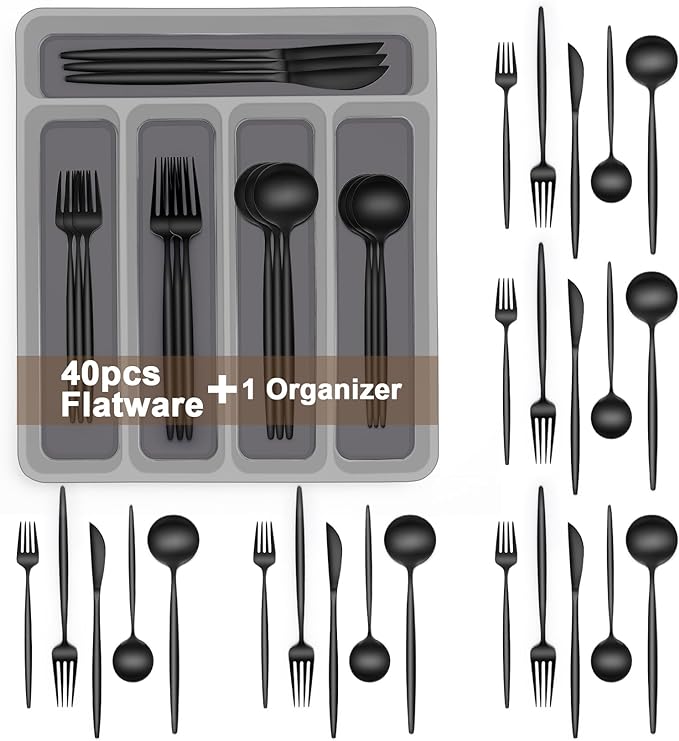 Black Silverware Set, 40-Piece AIVIKI Flatware Set with Organizer Tray, Stainless Steel Cutlery Set for 8, Kitchen Black Utensils Tableware Set for Home Restaurant, Include Knife Fork Spoon Set