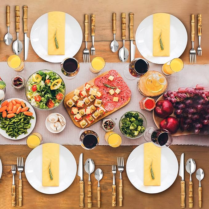 Bamboo Silverware Set 18/8 Stainless Steel Tableware Set Natural Bamboo Utensil Flatware Set Spoon Fork Knives Bamboo Handle Cutlery Set for Kitchen Wedding Home Restaurant Party (Silver,120 Pieces)