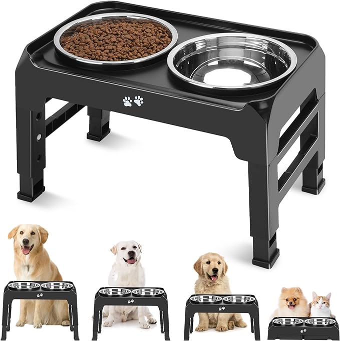 Elevated Dog Bowls, 4 Height Adjustable Raised Bowl Stand with 2 Thick 50oz Stainless Steel Food Feeder Bowls Non-Slip for Medium Large Dogs Adjusts to 3.7", 9.2", 10.75", 12.36" Black