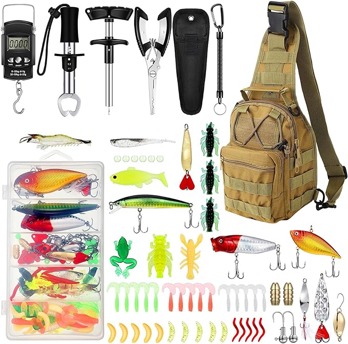 Sosation 134 Pcs Fishing Tool Kit Fishing Pliers Kit Fishing Gear and Equipment Include Fish Hook Remover, Fishing Lures Baits Tackle, Lip Gripper, Fish Weigh Scale Fish Accessories