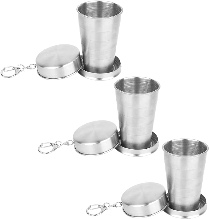 ChiiGe Collapsible Stainless Steel Cup Folding, Portable 75ml Stainless Steel Teacup, Outdoor Collapsible Cup with Metal Keychain for Travel, Camping, Picnic (3PCS)