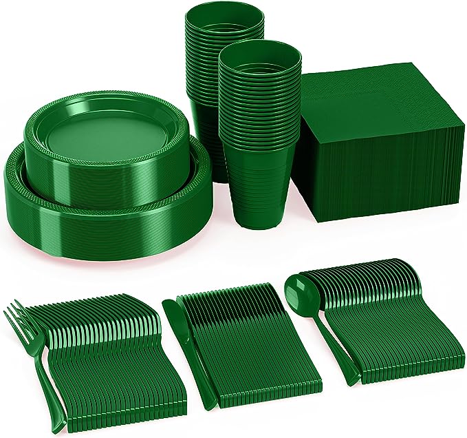 350 PCS Disposable Tableware Combo Pack INCLUDES: 50 9" Green Plastic dinner plates | 50 7" plastic appetizer plates |50 plastic cups | 50 paper napkins | 50 plastic cutlery spoons forks & knives