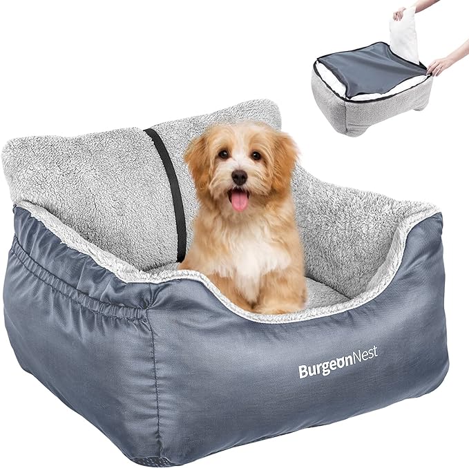 BurgeonNest Dog Car Seat for Small Dogs, Washable Soft Dog Booster Seats for Small Pets Under 25 lbs, Portable Dog Carseat Travel Bed with Storage Pockets and Clip-On Leash