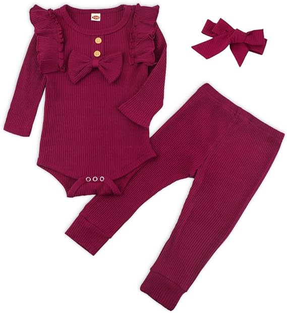 Alakuoti Baby Girls Clothes Ribbed Ruffled Romper+ Floral/Striped/Solid Pants+ Headband Infant Fall Outfits