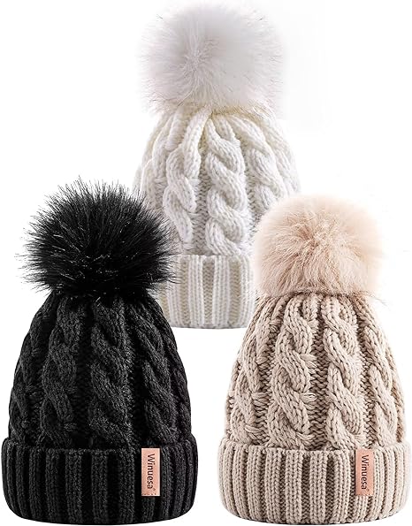 3 PCS Womens Beanie with Pom Pom, Knit Beanie Hats for Women Winter and Fall, Fashionable Warm Winter Hats for Ladies