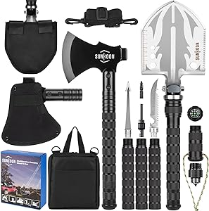 Sunkoon Survival Shovel Survival Axe, Camping Folding Shovels Hatchet with 19.2-37.8inch Lengthened Handle Enlarged Shovelhead High Carbon Steel with Storage Pouch for Camping Cycling Hiking