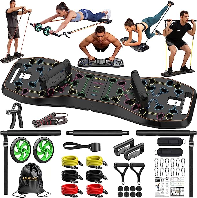 LALAHIGH Portable Home Gym System: Large Compact Push Up Board, Pilates Bar & 20 Fitness Accessories with Resistance Bands Ab Roller Wheel - Full Body Workout for Men and Women, Gift Boyfriend (Black)
