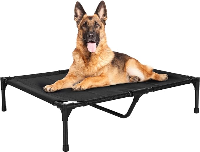 FIOCCO Dog Cot - Elevated Dog Bed with Chew Proof Mesh for Large Dogs, Waterproof Washable Raised Dog Bed, Portable Dog Bed for Outdoor Use, Dog Cots Beds, Black
