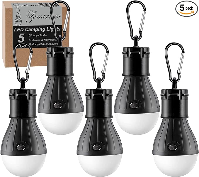 Zemtrnec 5Pack Camping Lights,Portable LED Tent Lights 3 Lighting Modes,Battery Operated Hanging Tent Light with Clip Hook,Waterproof Outdoor Camping Lantern Bulb for Hiking Fishing Outage,Black