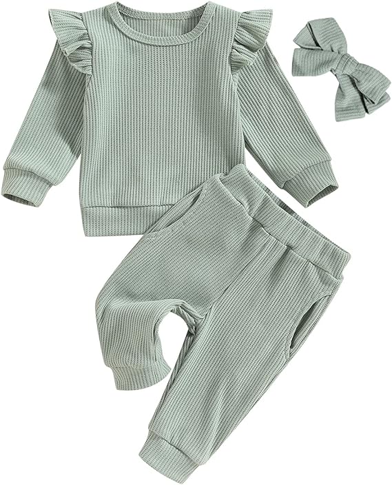 TheFound Toddler Baby Girl Clothes Solid Color Long Sleeve Crewneck Sweatshirt Tops Elastic Waist Pants Fall Winter Outfit