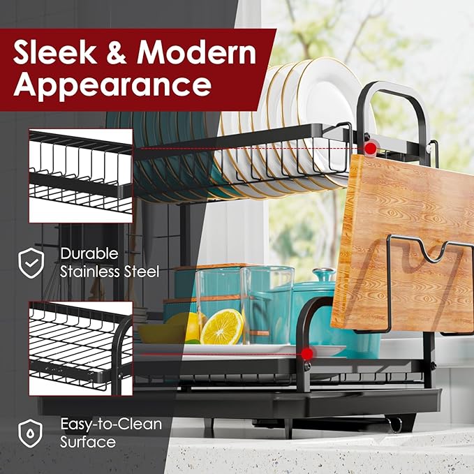 Sakugi Dish Drying Rack for Countertop - Rustproof Space-Saving & Multipurpose 2-Tier Dish Rack for Kitchen Counter with Utensil Holder, Large-Capacity, Black