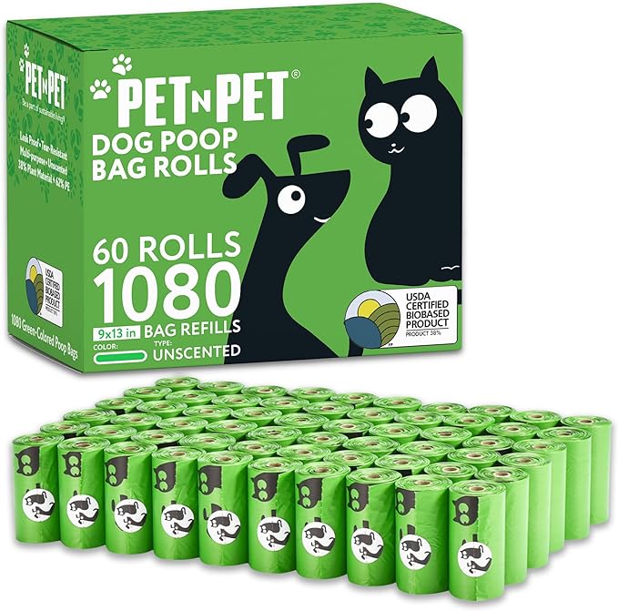 Pet N Pet 1080 Counts Green Dog Poop Bag Rolls, Dog Bags Doggie Poop Bags, 38% Plant Based & 62% PE Dog Waste Bags, Extra Thick Doggy Poop Bags, Pet Waste Bags Doggie Bags