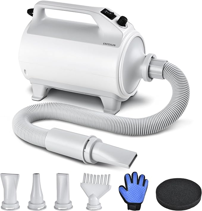 Entosun Dog Dryer, Pet Hair Dryer, 4.3hp/2800W Adjustable Speed and Temperature, High Velocity Dryer, Dog Blower Grooming Dryer with 4 Nozzles and Grooming Gloves (White)